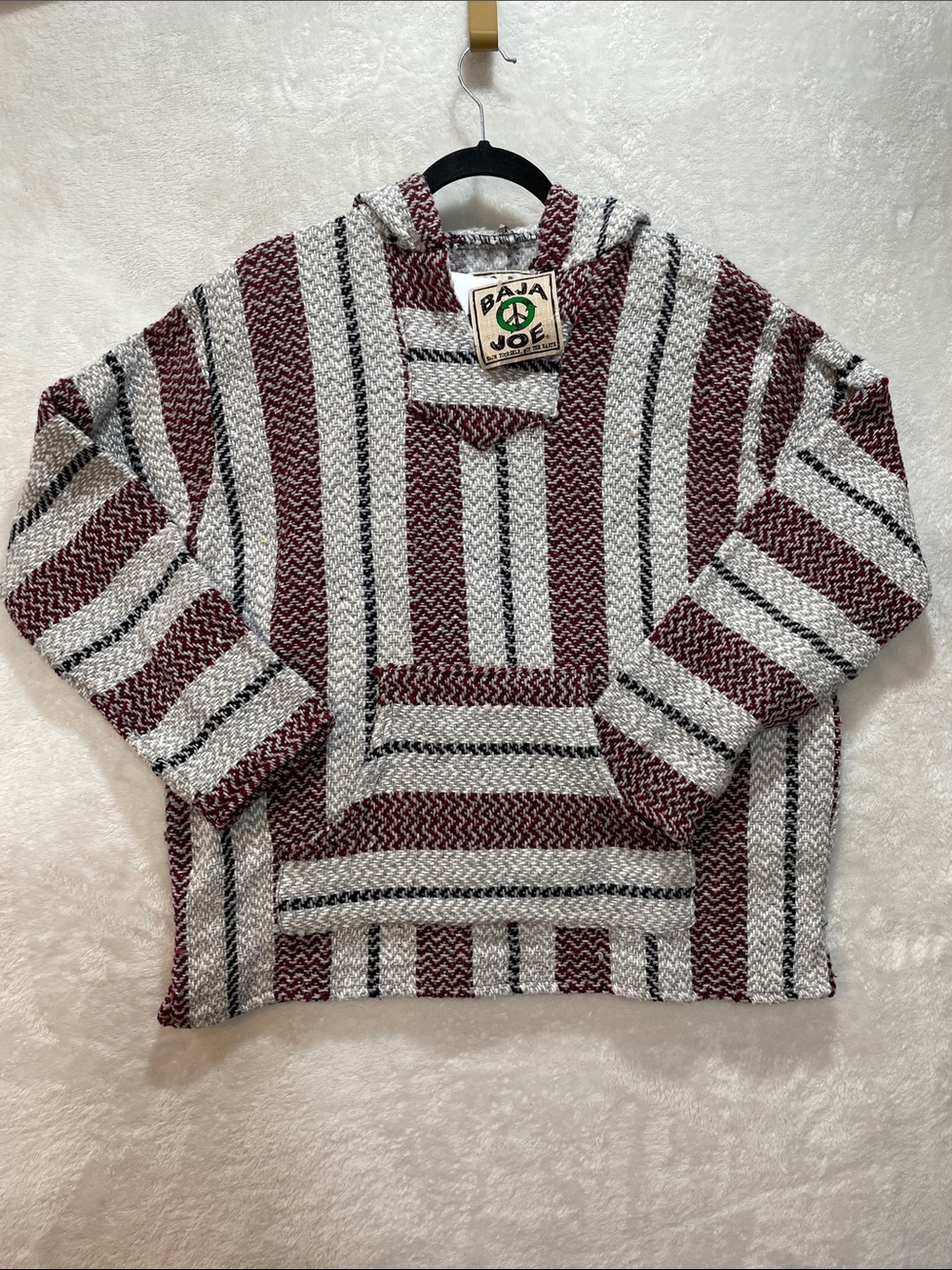 Baja Joe Men's Small Hooded Baja Pullover Sweater Maroon & White Stripe Hoodie